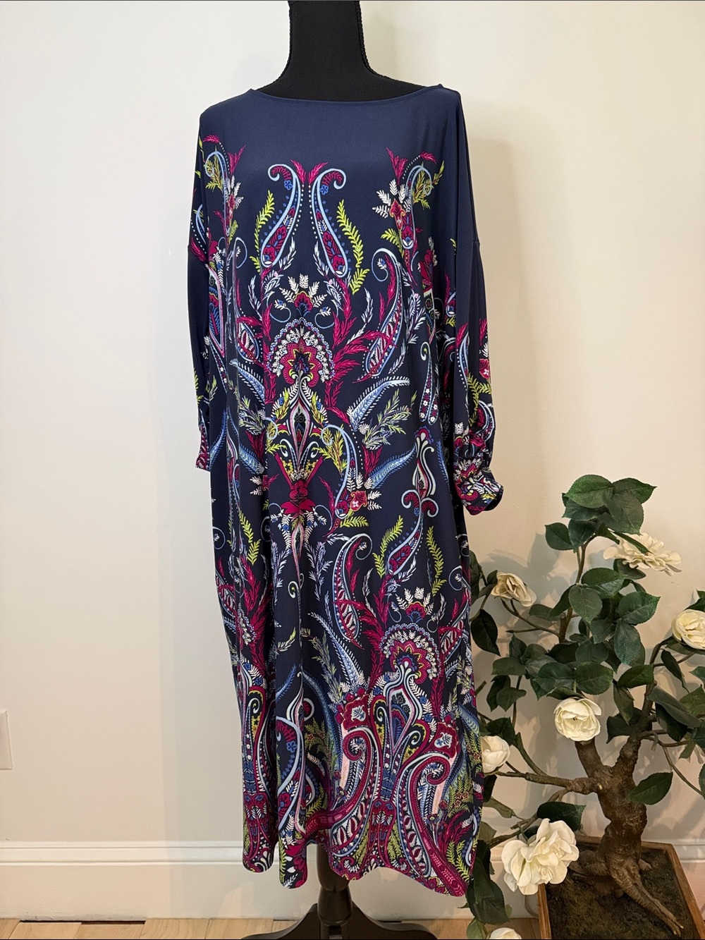 NWT Chico's Batwing Passport Navy Blue Paisley Purple Blue Pockets Dress XXL